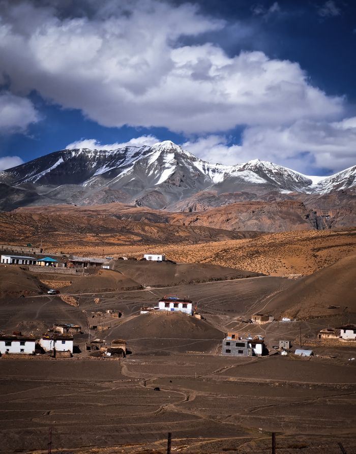 Explore the stunning landscape of a village in Himachal Pradesh with majestic snow-capped Himalayan mountains.